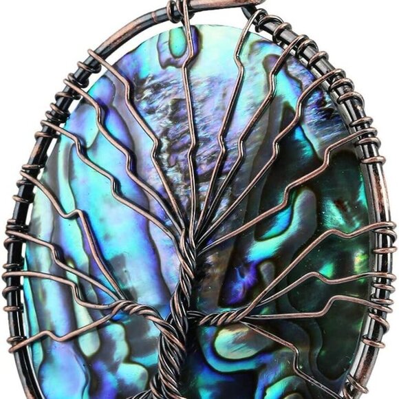 Abalone Shell Stone Pendant Necklace,Oval Wire Wrapped Jewelry - Picture 3 of 7